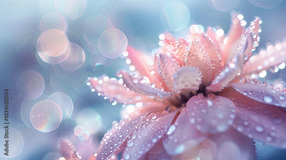 Pink flower covered in dew drops with soft bokeh background in morning light Pink flower covered in dew drops with soft bokeh background in morning light