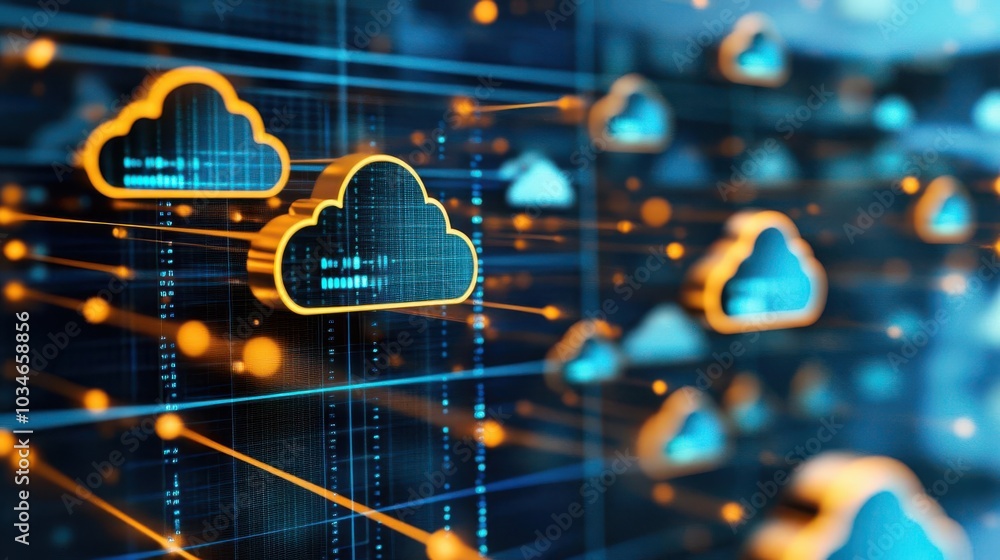 Futuristic cloud technology network with glowing elements, representing data transfer and connectivity in digital environments. Futuristic cloud technology network with glowing elements, representing data transfer and connectivity in digital environments.