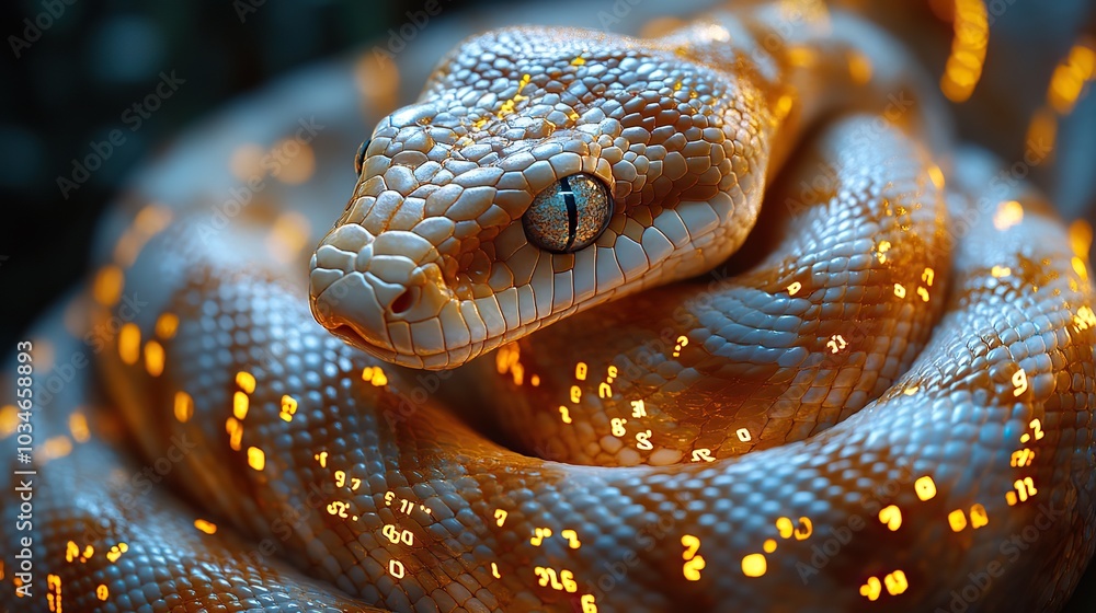 Fototapeta premium golden snake intertwined with binary code symbolizing python programming and coding.image