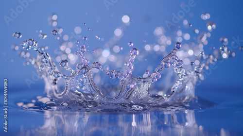 High-speed photograph of water splash creating droplets and crown formation