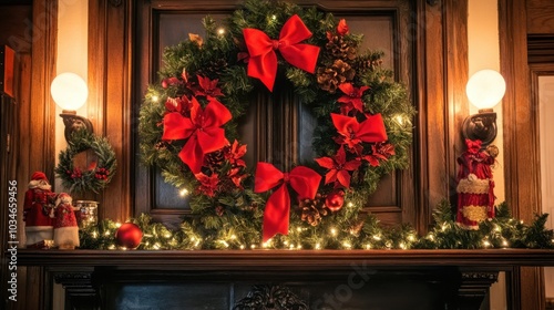 Festive Holiday Wreath Decoration with Red Bows