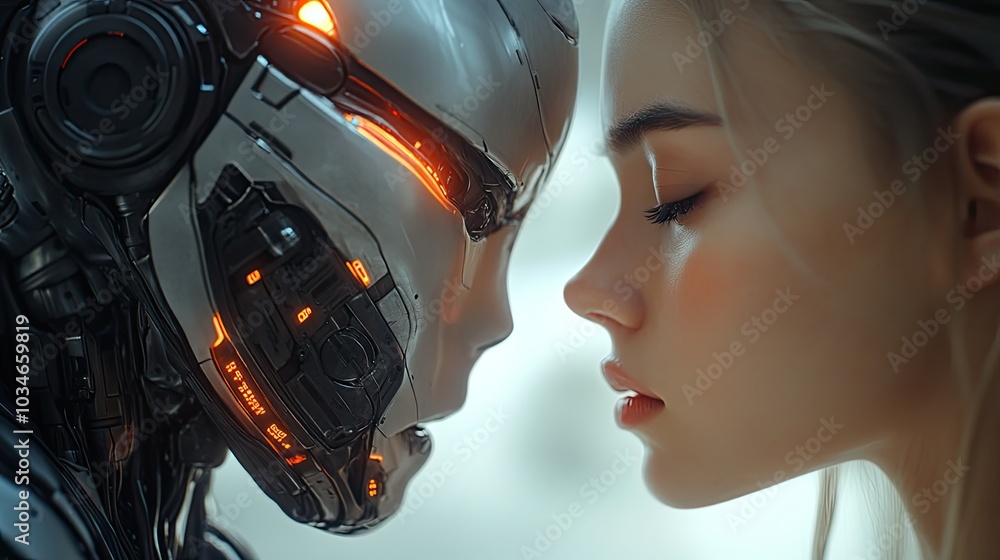 human and digital humanoid face each other symbolizing the connection and interaction between humans and ai.illustration human and digital humanoid face each other symbolizing the connection and interaction between humans and ai.illustration