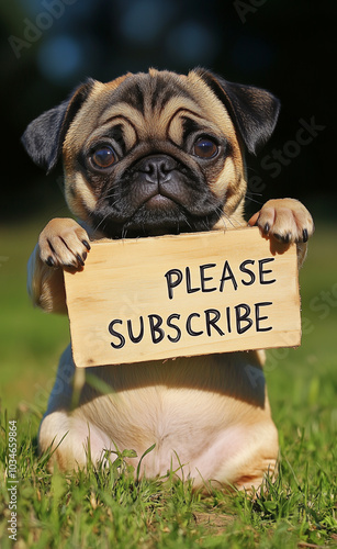 Pug holding a sign that says Please subscribe generated by AI