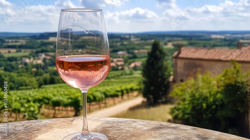 Refreshing Rosé Wine in Scenic Vineyard Landscape