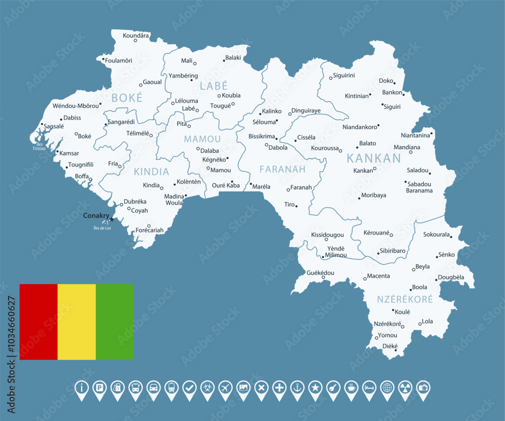Fototapeta Guinea - detailed country map with cities and regions. Infographic icons. Vector illustration.