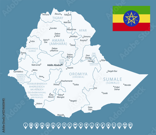Ethiopia - detailed country map with cities and regions. Infographic icons. Vector illustration.