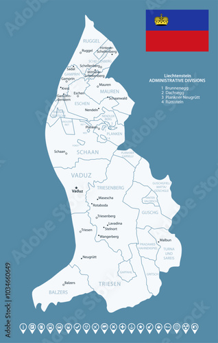 Liechtenstein - detailed country map with cities and regions. Infographic icons. Vector illustration.