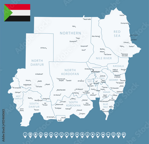 Sudan - detailed country map with cities and regions. Infographic icons. Vector illustration.