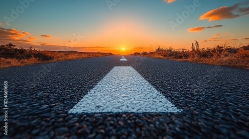 long asphalted road with white arrows pointing upwards symbolizing progress and the journey to success the clear sky and distant horizon evoke sense of endless possibilities and determination photo