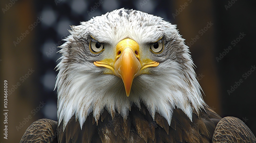 Obraz premium majestic bald eagle with the american flag in the background symbolizes patriotism and national pride.illustration