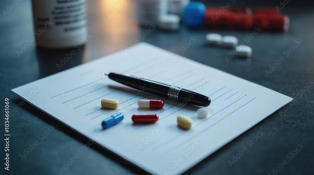 Prescription pad with colorful medication and pen on desk Prescription pad with colorful medication and pen on desk