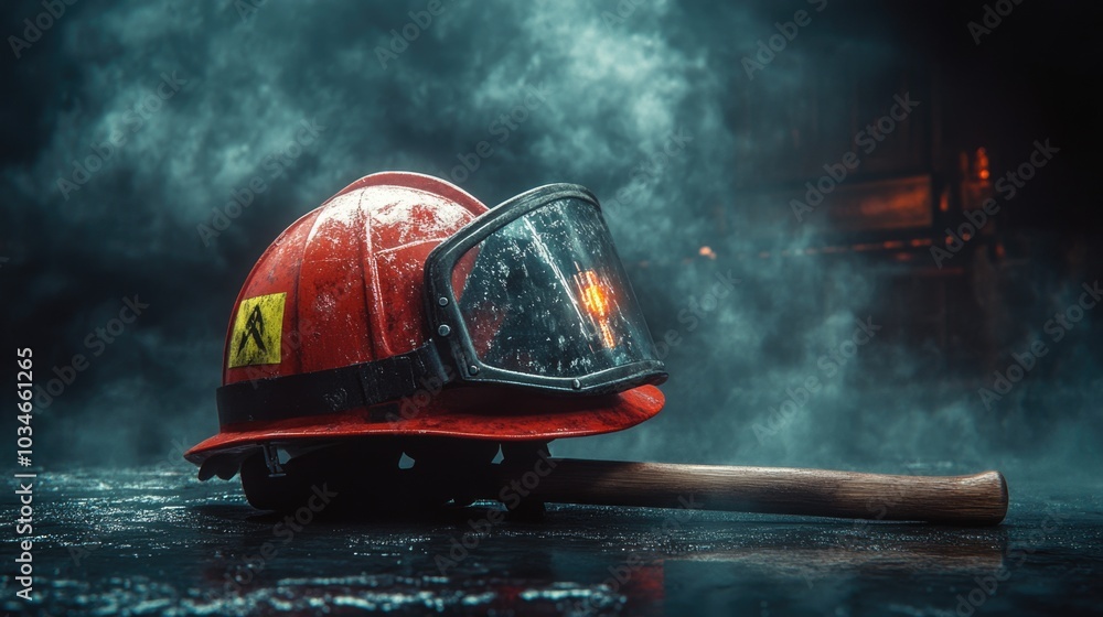 Firefighter's helmet and axe in smoky environment Firefighter's helmet and axe in smoky environment
