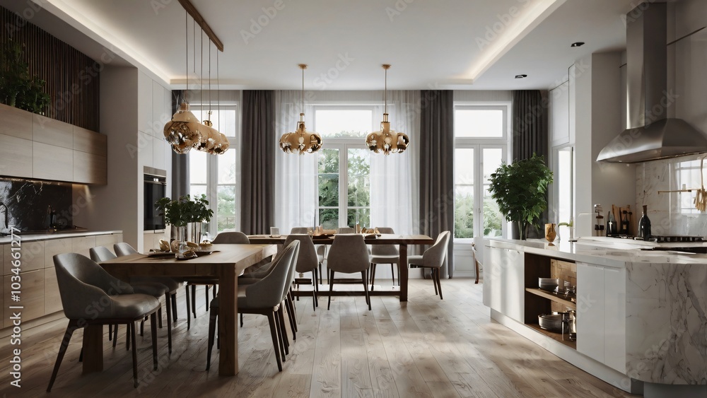 Modern kitchen with wooden table and chairs gold pendant lights and marble countertop Modern kitchen with wooden table and chairs gold pendant lights and marble countertop