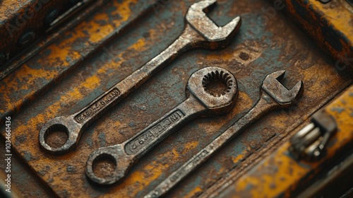 Vintage wrenches resting in an old toolbox photo