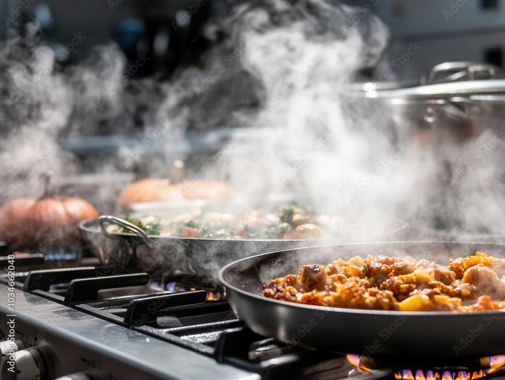 Thanksgiving meal cooking on a stove, with steam rising, showing the warmth of family gatherings, Thanksgiving kitchen, cooking warmth, family love Thanksgiving meal cooking on a stove, with steam rising, showing the warmth of family gatherings, Thanksgiving kitchen, cooking warmth, family love