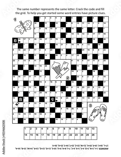Puzzle page with codebreaker (or codeword, or code cracker) crossword word game with general knowledge entries and 3 summertime picture clues. Answer included.
