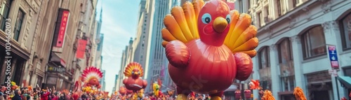 Thanksgiving parade with giant turkey balloon floats, marching down a colorful city street, Thanksgiving parade, celebration, festive joy