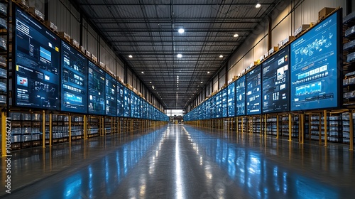 modern warehouse with detailed supply chain map displayed on large screen showcasing logistics inventory management and distribution routes.illustration