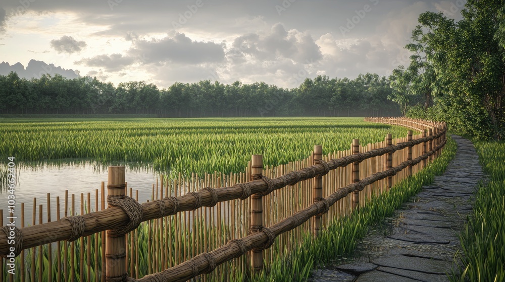 3D rendering of a bamboo fence surrounding a paddy field showcasing wicker work 3D rendering of a bamboo fence surrounding a paddy field showcasing wicker work