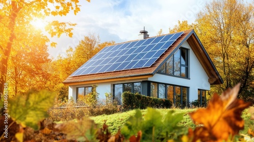 Ecofriendly modern house with solar panels, surrounded by greenery and autumn trees, blending innovative technology with nature photo