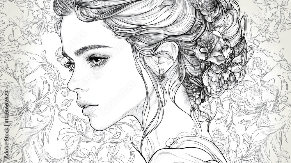Line art illustration of an elegant woman portrait designed as a coloring page for adults Line art illustration of an elegant woman portrait designed as a coloring page for adults