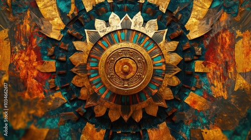 Wallpaper Mural 3D Rendering of Vibrant Oriental Geometry with Neon Background and Abstract Patina Symbol in Simple Kaleidoscope Style and Brown Tie Dye Animal Pattern Torontodigital.ca