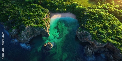 Aerial view of a picturesque coastal cape surrounded by clear waters and natural landscapes, Aerial view of a beautiful coastal landscape with clear waters and nature photo