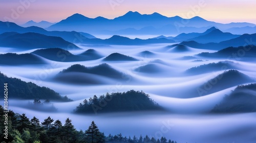 A breathtaking view of a mountain range shrouded in fog at dawn. The sky is a soft blue, and the mountains are silhouetted against the light.