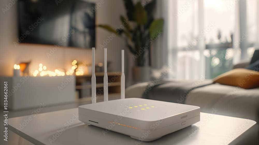 Wireless router with active LED indicators in a cozy modern living room setting Wireless router with active LED indicators in a cozy modern living room setting