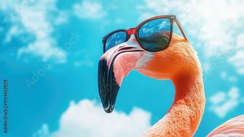 Pink flamingo wearing summer sunglasses. Summer background