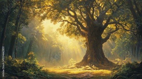 Oil painting of a towering tree amidst a forest bathed in warm sunlight showcasing the majesty of nature s tranquility