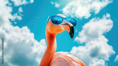 Pink flamingo wearing summer sunglasses. Summer background