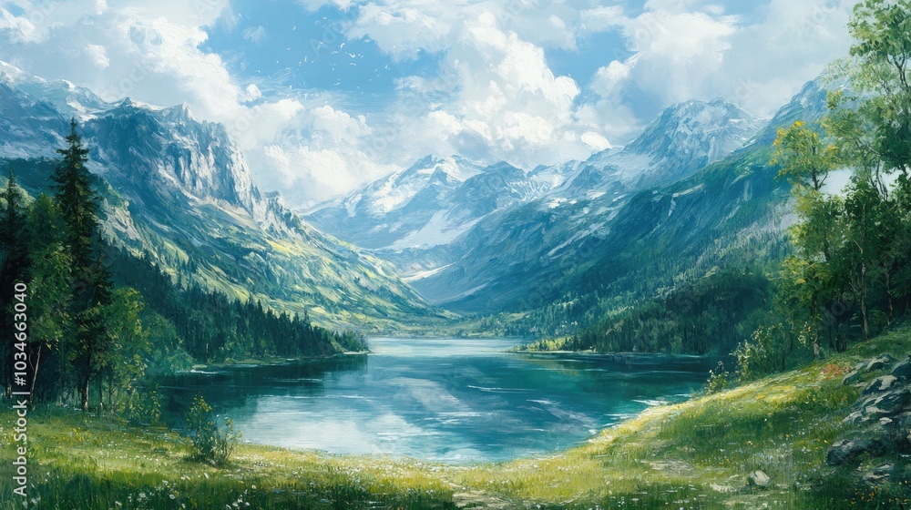 Oil painting depicting a vast mountain landscape with a serene lake and expansive mountain range presented in a large panoramic view Oil painting depicting a vast mountain landscape with a serene lake and expansive mountain range presented in a large panoramic view