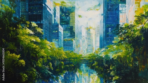 Oil painting showcasing a vibrant city through a double exposure effect blending a lush forest with contemporary skyscraper reflections