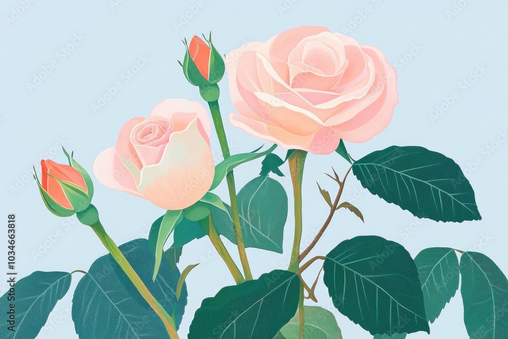 Fototapeta premium Illustration of a pink rose flower with three buds