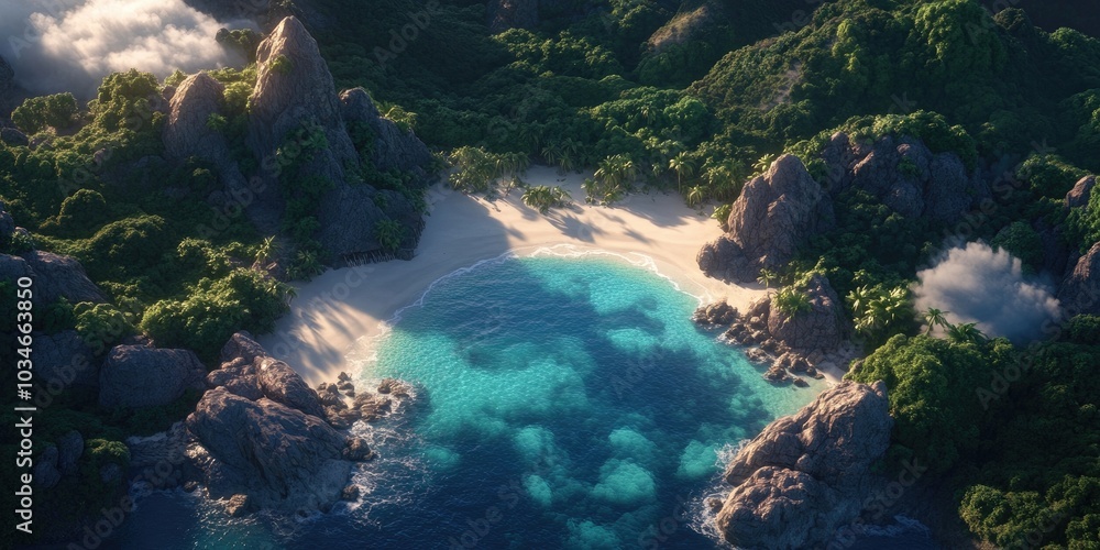 Aerial perspective of the renowned Anse Source D'Argent beach, showcasing its stunning turquoise waters and pristine white sands Aerial perspective of the renowned Anse Source D'Argent beach, showcasing its stunning turquoise waters and pristine white sands