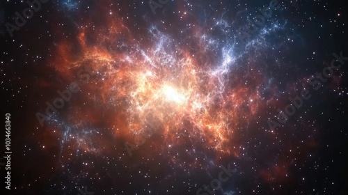 Cosmic nebula in space among stars and galaxies depicted in a 3D cartoon rendering Gas dust clouds in the outer cosmos illustrate the birth and expansion of the universe showcasing the formation o