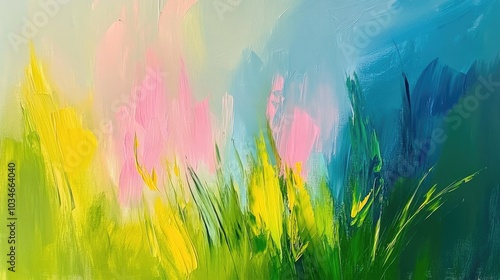 Abstract oil painting depicting a vibrant nature scene with lush grass and a blue sky embodying the essence of spring or summer