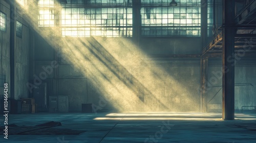 Old Factory Interior Filled With Dust And Light Rays Abandoned Dusty Warehouse Dramatic Vintage Factory Illuminated By Sunlight Rustic Vintage Backdrop Featuring Sunlight Rays