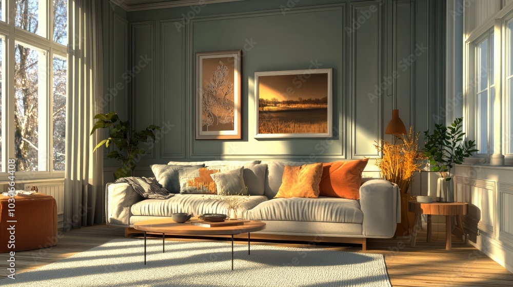 Fototapeta premium Scandinavian style living room featuring a sofa and decorative elements in a 3D rendering