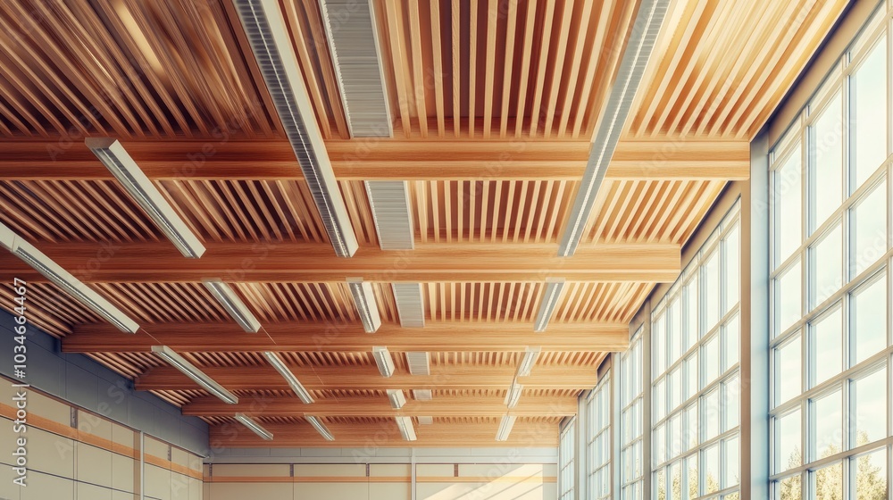 Obraz premium 3D rendering of rafters and ceiling slats in a manufacturing storage garage or warehouse