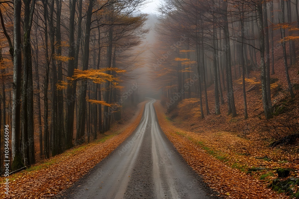 Autumn Road Through Misty Forest Autumn Road Through Misty Forest