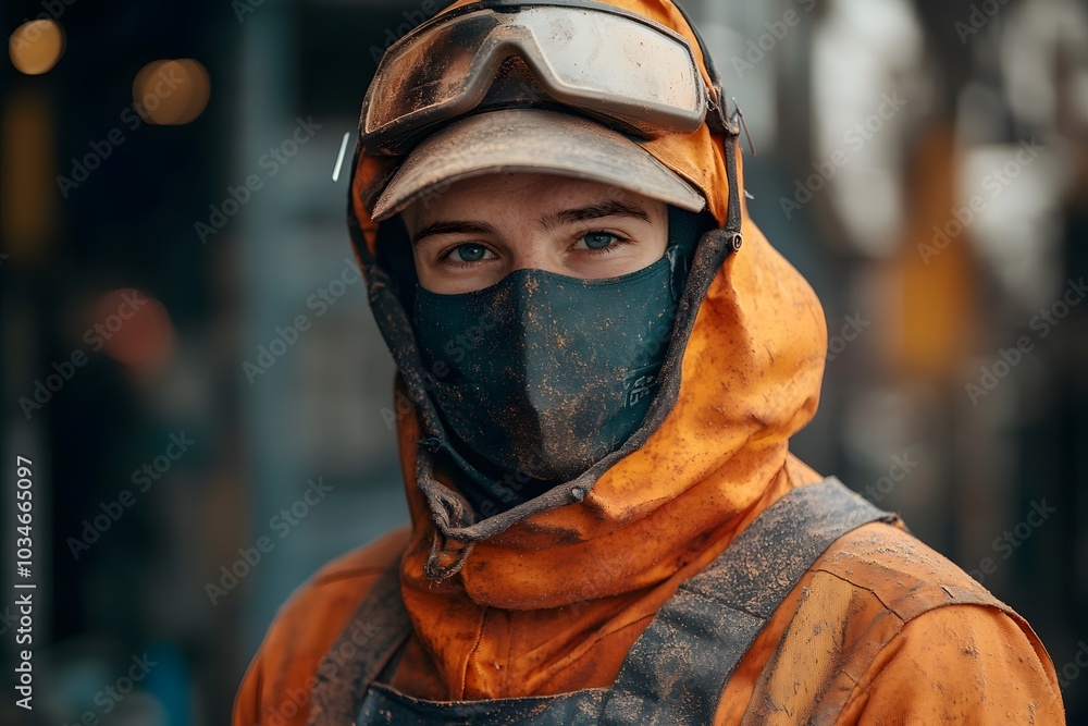 Closeup Portrait of a Worker in Protective Gear with Dusty Face Mask Closeup Portrait of a Worker in Protective Gear with Dusty Face Mask