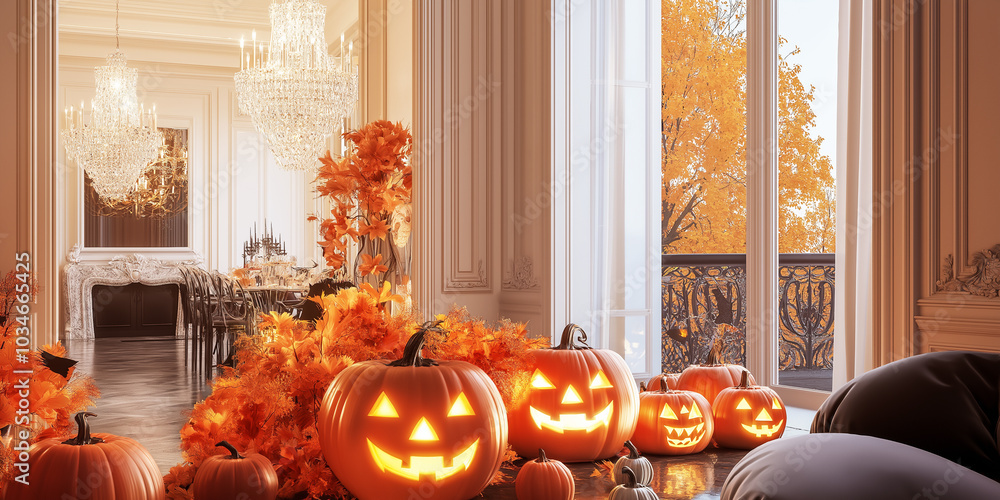 Obraz premium Parisian Apartment with Elegant Halloween Decor: Muted earth tones, golden pumpkin centerpiece, and candlelight lens flare.