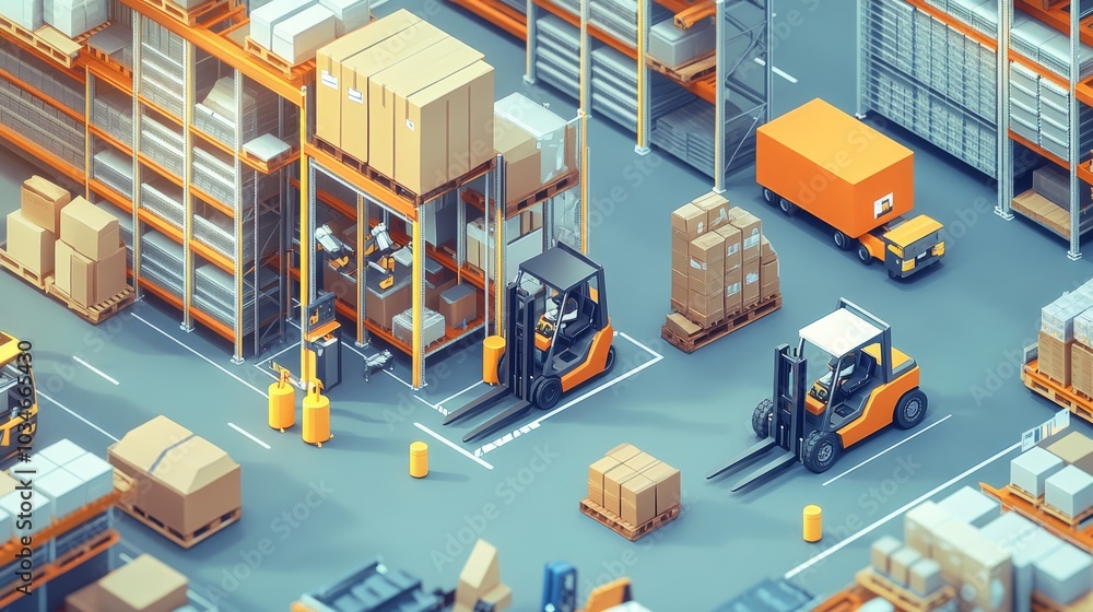 A vibrant warehouse scene with forklifts moving boxes within organized shelving units, showcasing an efficient logistics environment. A vibrant warehouse scene with forklifts moving boxes within organized shelving units, showcasing an efficient logistics environment.