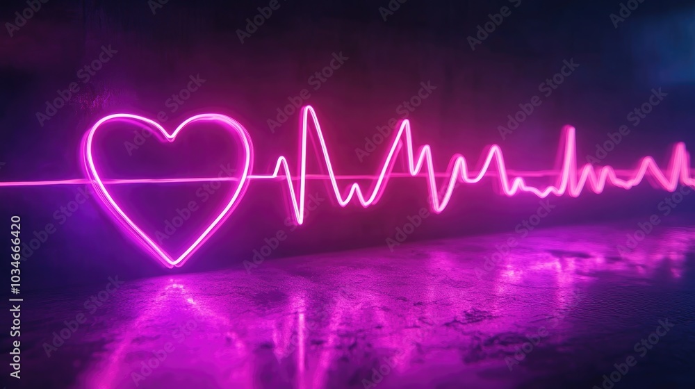Purple and pink neon heart pulse monitor displaying heartbeat signals EKG flat line and cardio symbols representing health and medical themes Purple and pink neon heart pulse monitor displaying heartbeat signals EKG flat line and cardio symbols representing health and medical themes