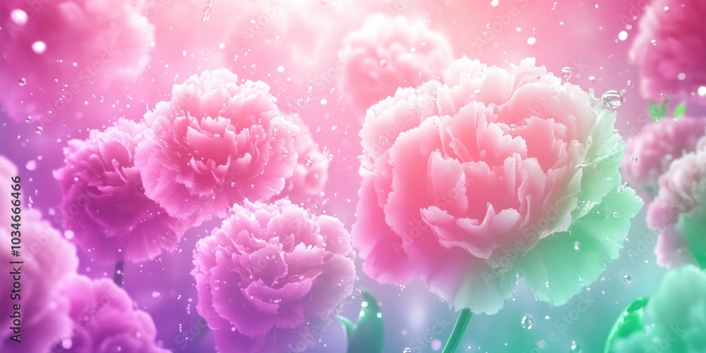 Floral arrangement featuring white and pink carnations with droplets of water, set against a natural backdrop Floral arrangement featuring white and pink carnations with droplets of water, set against a natural backdrop