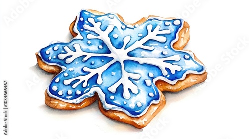 Vanilla Cookie in Snowflake Shape Topped with Blue and White Icing Isolated on a White Background Hand Drawn Watercolor Illustration of a Baked Treat Suitable for Wallpaper Banner Textile or Postc photo