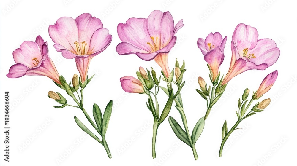 Fototapeta premium Pink freesia flowers buds and leaves Hand drawn watercolor illustration of garden flowers Summer floral design suitable for invitations cards textiles and packaging