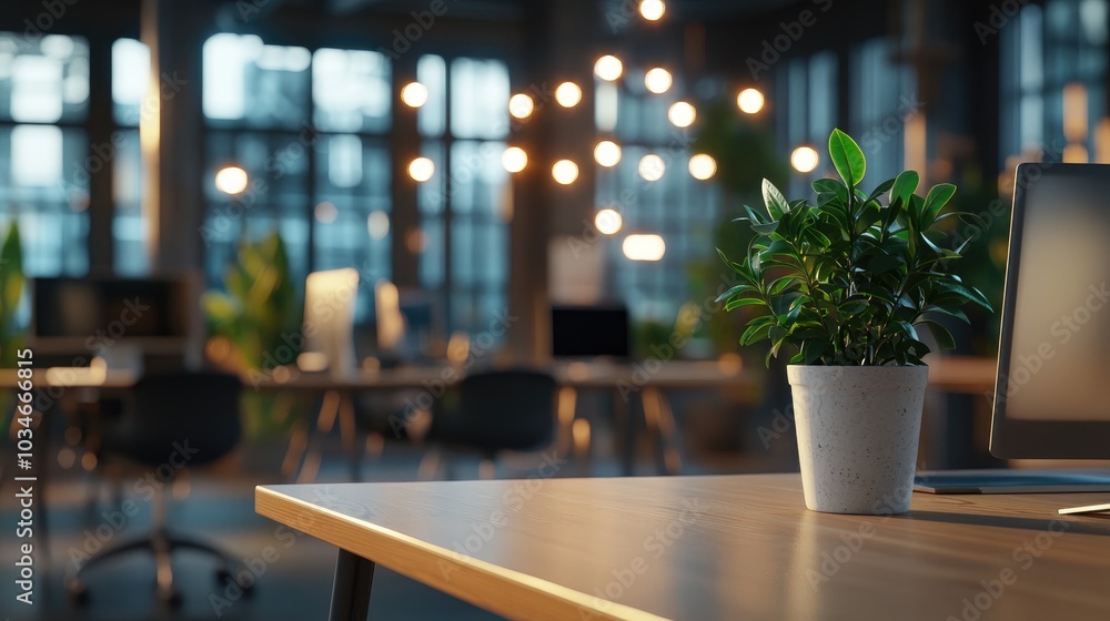 3D rendering of a modern open space business office interior featuring tables chairs and computers set against a blurred bokeh background emphasizing a green office concept with ample copy space 3D rendering of a modern open space business office interior featuring tables chairs and computers set against a blurred bokeh background emphasizing a green office concept with ample copy space